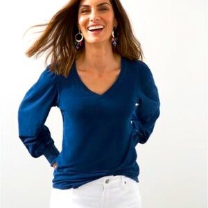 Faux Denim Smocked Sleeve Tee